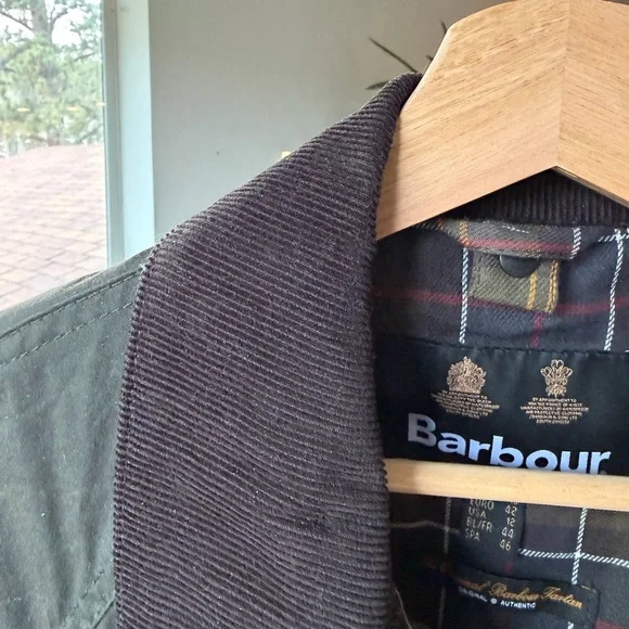 Barbour Dark Olive Green Waxed Utility Jacket with Brown Corduroy Collar - Picture 2 of 4